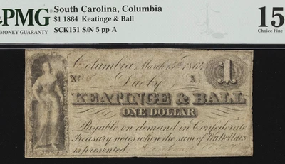¡KEATINGE & BALL 1864 serie baja #5! Billete confederado de Carolina del Sur de $1 PMG F15 Foto 1 de 4