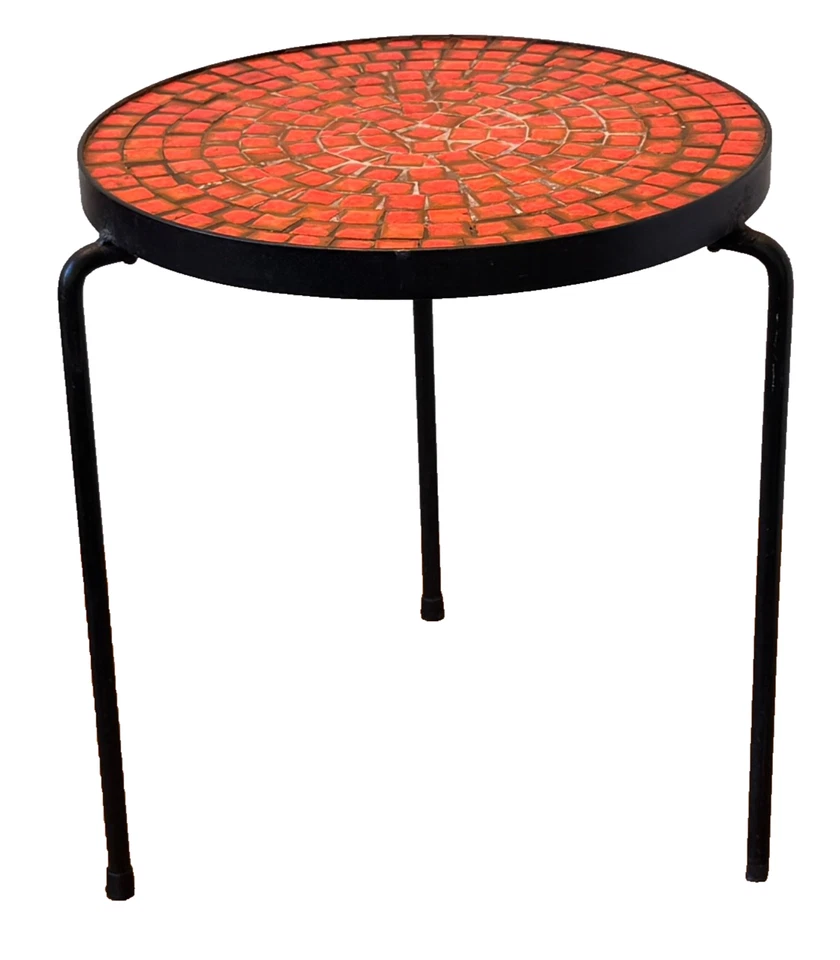 Mosaic Pottery Ceramic Tile Wrought Iron Tripod Side Table Stool Vtg Martz Mcm - Image 1 of 4