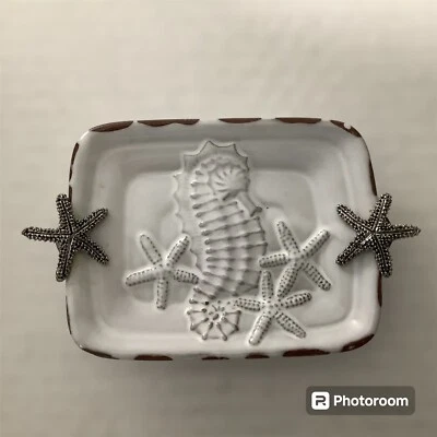 Mudpie Seahorse Soap Dish Handcrafted Silver Starfish & Antique White w/Brown 6” - Image 1 of 4