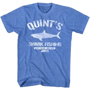 Jaws Quint's Shark Fishing Mens T Shirt Amity Island 1975 Boat Trip Blue Heather - Picture 1 of 4