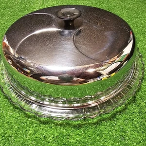 Plato de Pastel de Vidrio Transparente con Cúpula de Acero Inoxidable, Diseño Sunburst, 3 Patas, Vintage - Imagen 1 de 8