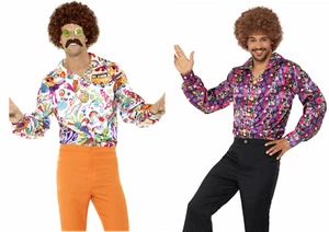 ADULT MENS 60S 70S DISCO COSTUME SATIN SHIRT DANCE FEVER SATURDAY NIGHT HIPPIE - Picture 1 of 3