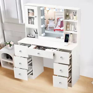 Set toeletta vanità scrivania trucco con specchio illuminato a LED 7 cassetti comò US - Foto 1 di 9
