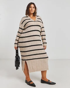 Simply Be Oatmeal Stripe Rib Collar Knitted Midaxi Dress, UK 20/22, BNWT - Picture 1 of 4