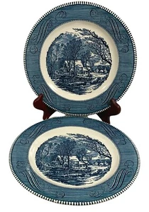 Currier & Ives Alte Schrotmühle Essteller 2 Stück Blau Weiß Royal China 10" - Bild 1 von 10