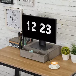 Rustic Grey Wooden Desktop Monitor Stand w/ Pull Out Storage Drawer & Label - Picture 1 of 6