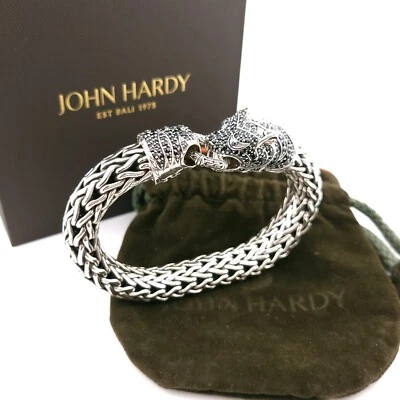 Brazalete de cadena John Hardy de plata de ley de 15" mm Macan con cabeza de tigre de zafiro negro Foto 1 de 4