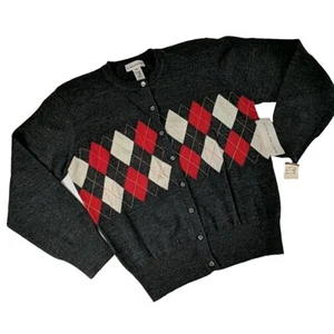 New Evan Picone Merino Wool Sweater Medium Argyle Cardigan Academia Grandpacore - Picture 1 of 11