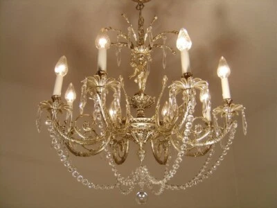 LÁMPARA ANTIGUA VINTAGE NÍQUEL PLATA CRISTAL QUERUBINES LÁMPARA 8 LUCES Ø 29" Foto 1 de 4