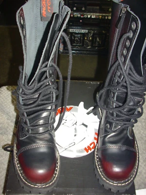 Angry Itch 14 Loch Burgunderrot Leder Kampfstiefel Ranger Stahlkappe Punk Reißverschluss - Bild 1 von 4