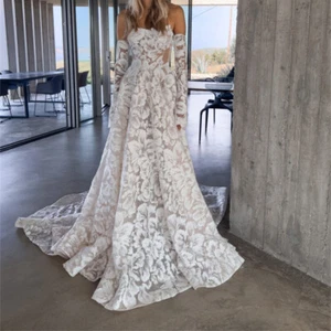 Elegant Wedding Dresses Lace Sequin Long Sleeves A line Bridal Gowns Train - Picture 1 of 10
