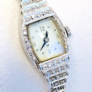 50s Hamilton 14k White Gold Ladies Cocktail Watch 0.20ctw Diamond Staircase RUNS - Picture 1 of 18