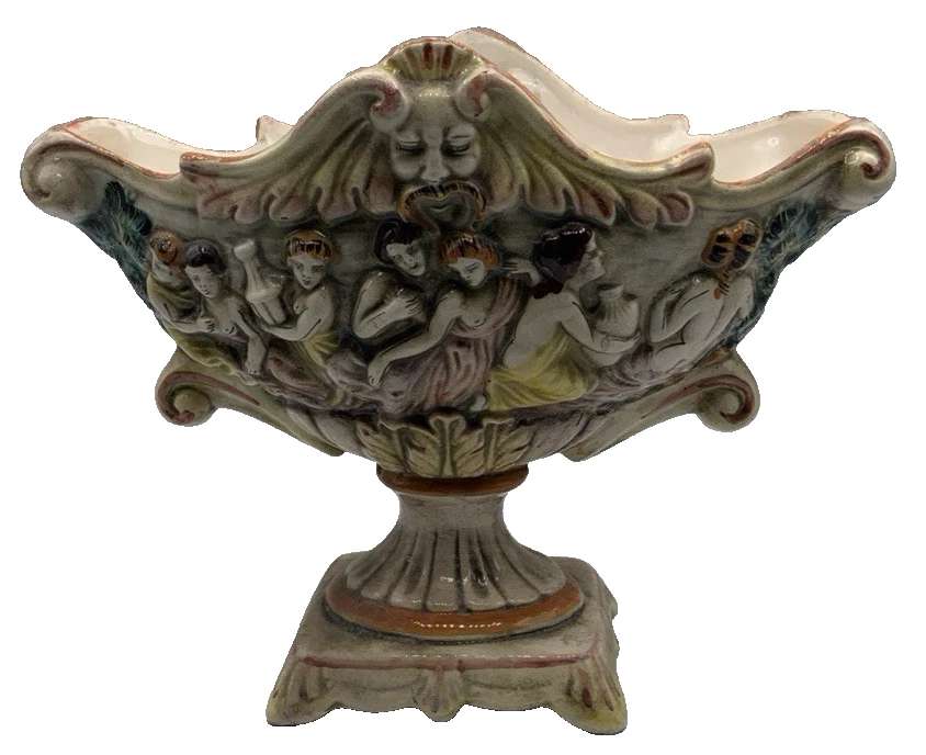 复古大号多色 Capodimonte 脚椭圆形墓地椭圆形碗面具面部阅读 — 第 1/4 张图片