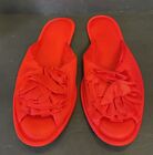 Vintage Red Satin Slippers Lingerie Bedroom Boudoir Shoes XL 9.5-10 Flowerpompom