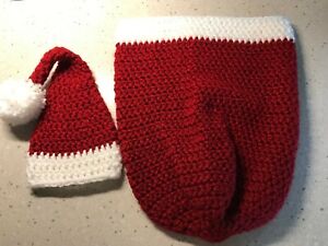 Christmas Crocheted Baby Cocoon & Hat Blanket Photo Prop Bunting Newborn/3-Mo
