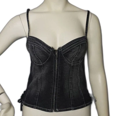 Vintage 90s GUESS JEANS Black Denim Corset Top Womens Size Large NEW - Image 1 of 4