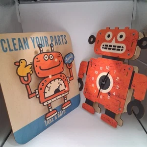 Moderno Alce Niño Madera Robot Reloj Y Robot Baño Decoración Pared 11" - Imagen 1 de 9
