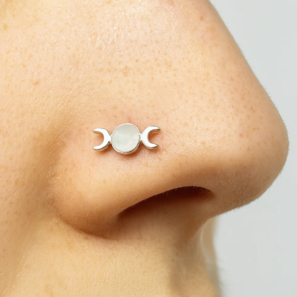 Borchia naso tripla luna pietra di luna 22 g (0,6 mm) argento 925 L spilla... - Immagine 1 di 4