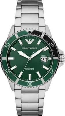 Emporio Armani Orologio Uomo AR11338 Diver Acciaio e Verde 42mm Datario 100 ATM - Immagine 1 di 4