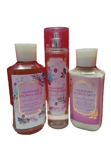 Bath & Body Works New STRAWBERRY SNOWFLAKES 3 Piece Set Shower Gel, Lotion, Mist - Picture 1 of 6