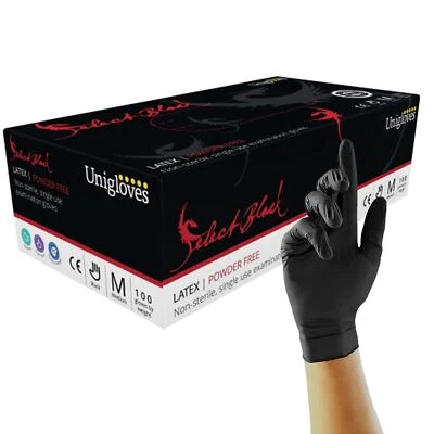 UNIGLOVES SELECT BLACK Disposable Black Latex Gloves Powder-Free Tattoo Artist Piercing Hygiene Grip