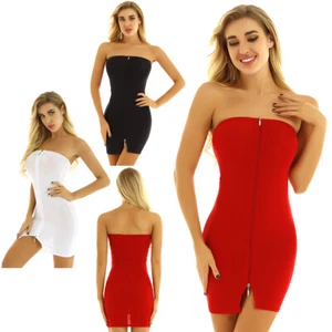 UK Women Bodycon Mini Dress Party Strapless Exposed Zip Tube Top Dress Lingerie - Picture 1 of 27