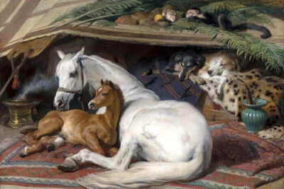 THE ARAB TENT HORSES BABY HORSE DOGS MONKEYS PAINTING BY EDWIN LANDSEER REPRO - Image 1 of 3