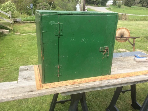 Green & Red Handmade Wood Cabinet, Shabby Farm Garage Two Shelf Cupboard Cover