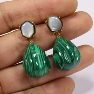 Green Chrysocolla Triangle Water Dangle Beads Wedding Black Shell Studs Earrings - Picture 1 of 8