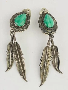 A. Payton Native American Sterling Silver Malachite Navajo Feather Clip Earrings - Picture 1 of 7