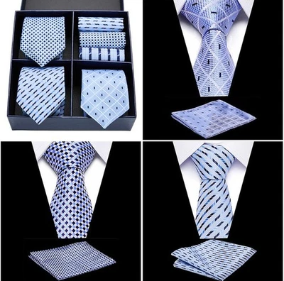 Nueva Corbata Azul Rayas 3, 3 Pañuelo Tejido Satinado Caballero Negocios Trabajo con Caja  Foto 1 de 2