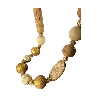 CHICO'S Gold Tone Lightweight Leather & Cork & Burlap Long Necklace C478 - Image 1 of 4