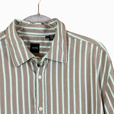 Boss HUGO BOSS Mens Dress Shirt 2XL Brown with Teal Stripes Textured L/S - Image 1 of 4