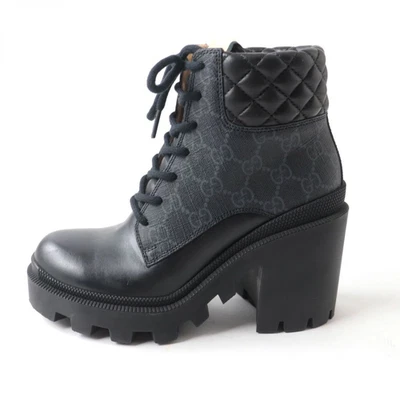 GUCCI GG Supreme Botas de Cuero de Lona 659691 Gris Negro Zapatos para Mujer EE. UU. 5 UE 35 Foto 1 de 4