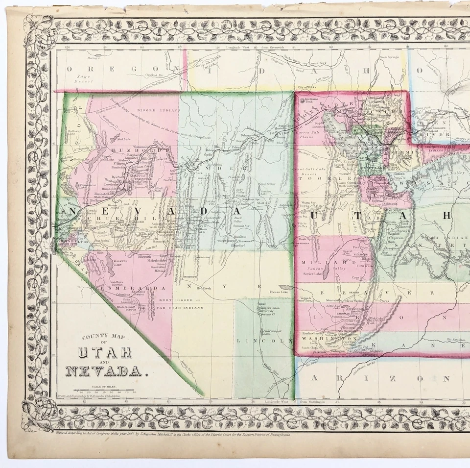 Mapa 1869 NEVADA - TERRITORIO UTAH ORIGINAL (14X11,5) Condados Municipios MITCHELL  Foto 1 de 4