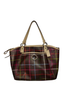 Coach Peyton Tattersall Leather Tote F24390 Shoulder Handbag Purse Brown Plaid - Image 1 of 4