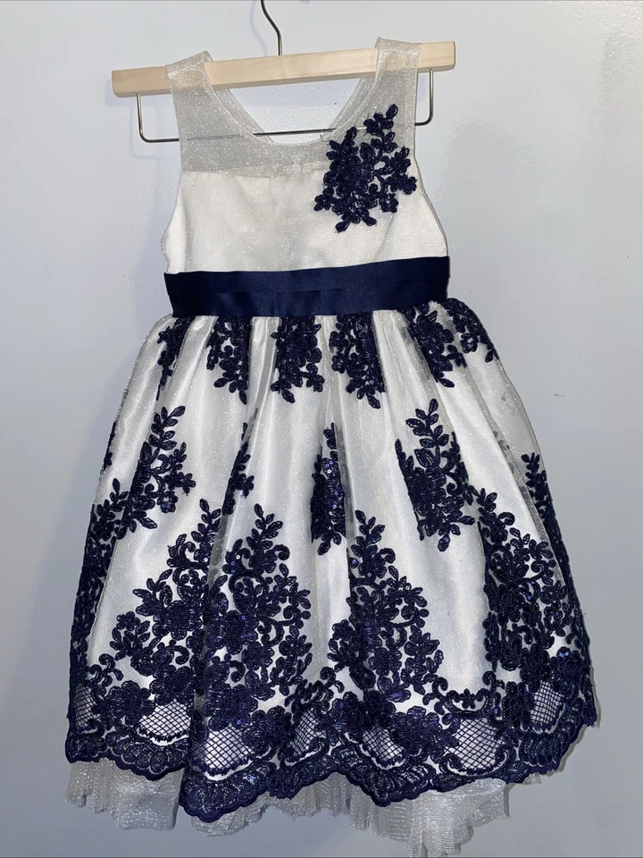 American Princess Dress Size 5 White Blue Floral Frill Flair Waste Cute Holidays - Image 1 of 4