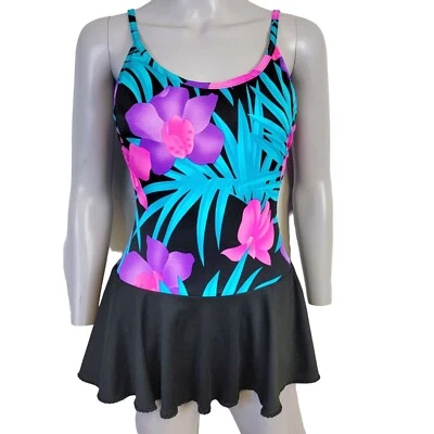 Vintage 80s Colorful One Piece Swim Suit Women Medium Dress Beach Skirt Black M - Image 1 of 4