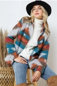 Blue B Damen Azteken gewebte Knopfleiste Kragen Jacke Größe L mehrfarbig - Bild 1 von 16