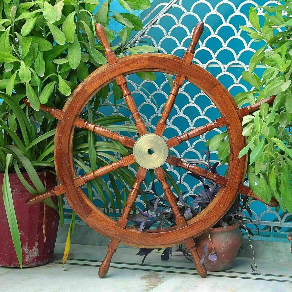 36 Inch Antique Teak Brass Nautical Pirate Ship's Big Steering Wheel Wooden Gift - Image 1 of 4