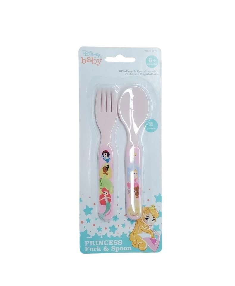 Disney Baby Princess Fork & Spoon Set Flatware BPA Pink Girl Gift 6 Months