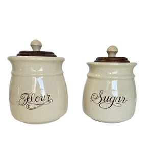 Vtg Flour & Sugar Ceramic Canister Set Wood Lids Cream Cottage Farmhouse Retro - Picture 1 of 8
