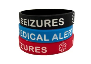 Kids/Youth/XS Adult Medical Alert Seizures Silicone Bracelet (Set of 3) - Picture 1 of 2