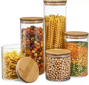 Set Of 5 Glass Kitchen Canisters With Airtight Bamboo Lid Glass Storage Jars For - Picture 1 of 9