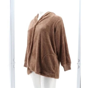 M / L Denim & Co Sherpa Hooded Long Sleeve Cardigan Warm Taupe Brown A566749 - Picture 1 of 7