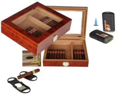 Humidorset LA Amboina Maser Finish Kristallglas V-240 Polymerbefeuchter - Bild 1 von 2