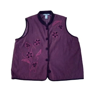 Jessica Holbrook Woman’s Button Down Vest Size 1X Floral Embroidered Maroon - Picture 1 of 5