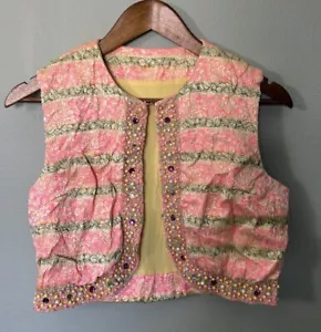 Womens Vest Size Small Floral Silk Neon Pink Embroidered Beaded Festival - Picture 1 of 10