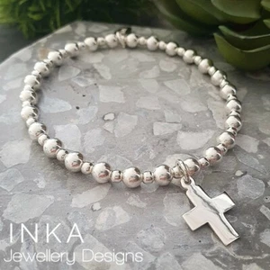 Sterling Silver Chunky CROSS Bracelet 925 Beaded Stretch Stacker By INKA - Picture 1 of 6