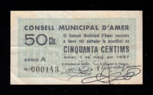 F.C. AMER (GERONA) , 50 CENTIMOS 1937 , SERIE A , MBC . - Picture 1 of 2